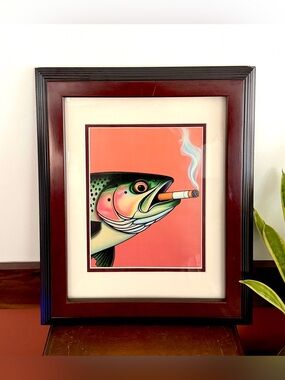Trout Fish Smoking a Cigarette Vintage Style Canvas Wall Art Print Framed Art